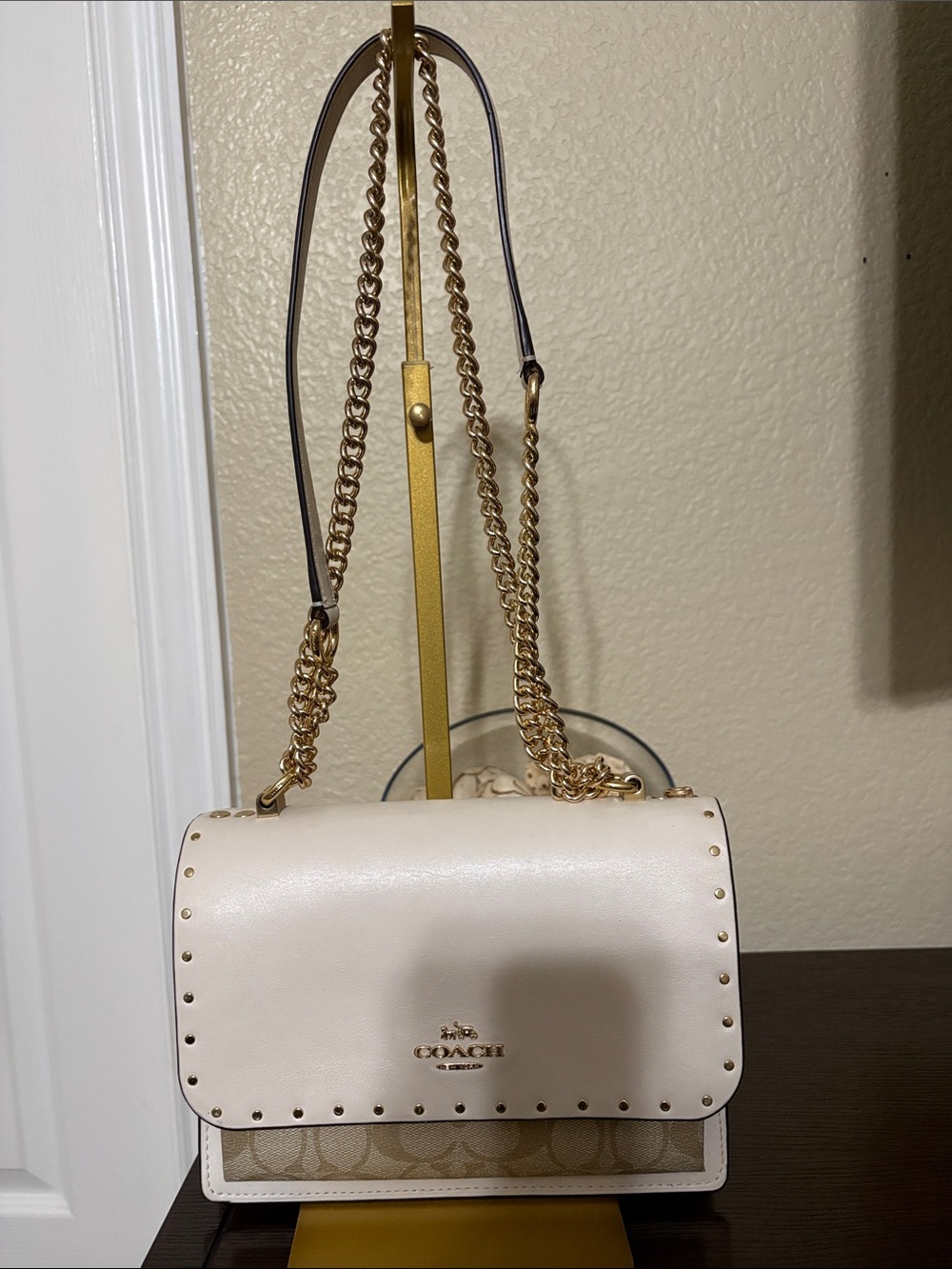 Coach Klare Chain Shoulder Bag in Signature Canvas & Chalk Leather with Rivets